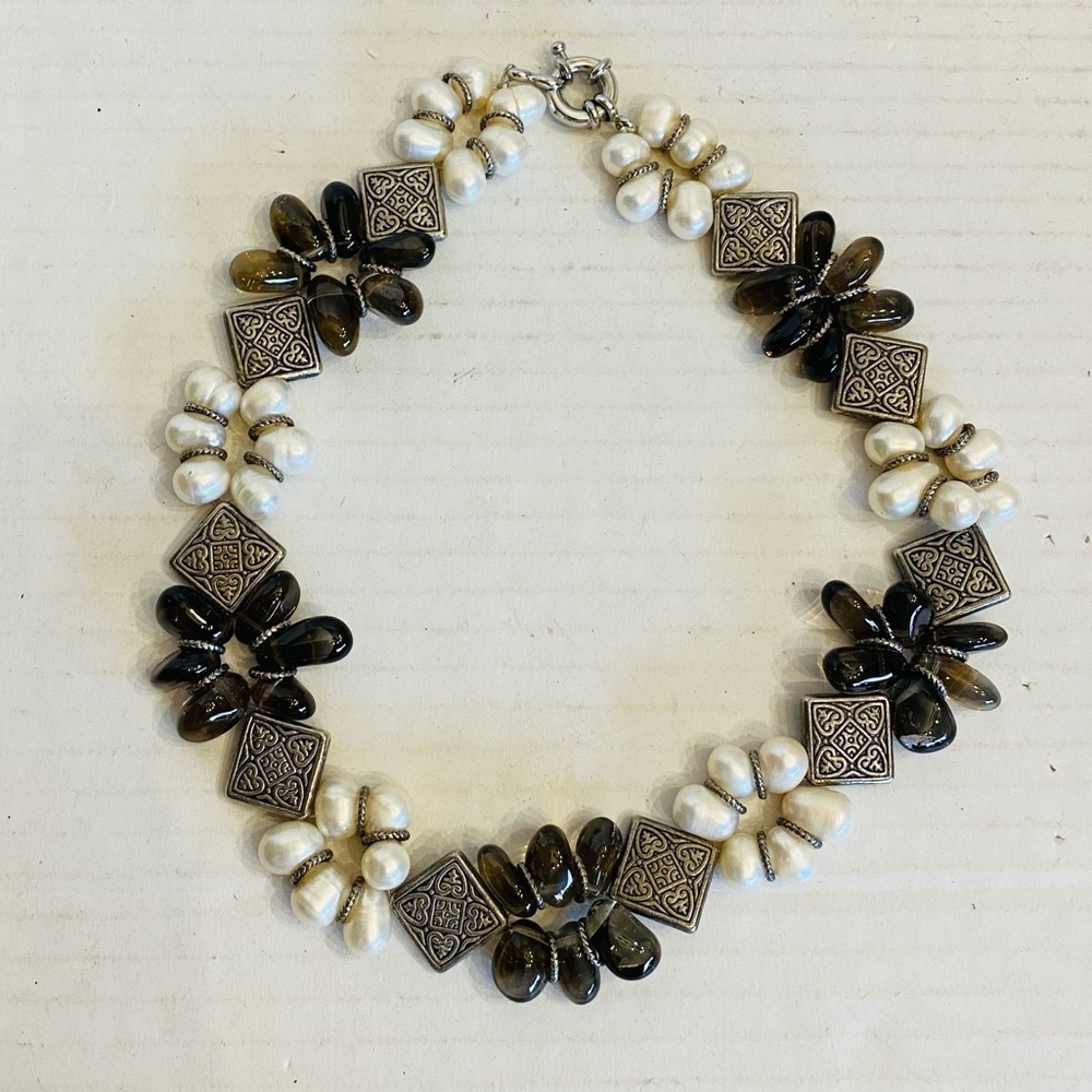 Natural Gemstones Smokey Citrine and Freshwater Pearls Beaded Necklace Jewelry